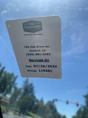 Oil change sticker