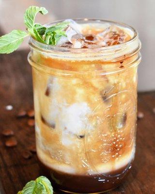 Chocolate-mint infused syrup, espresso, topped with coconut milk ove ice.