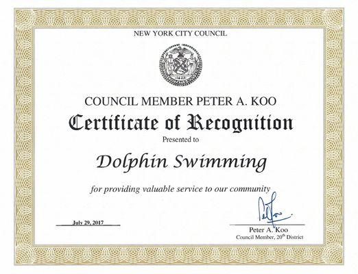 Dolphin Swimming is awarded by City Council Office !