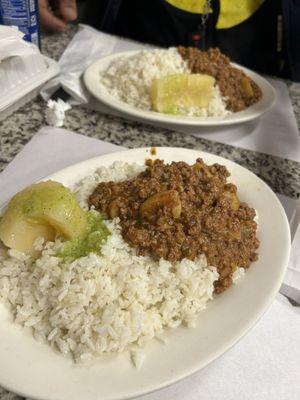 This was. Ground beef. With rice and beans.  He loved it