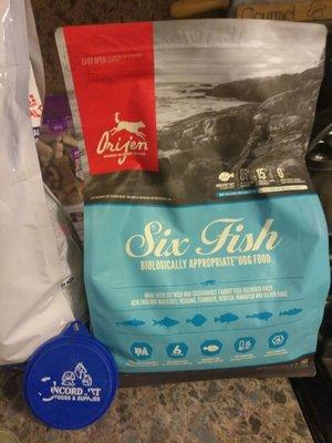 Best , holistic grain free kibble expensive but worth it at Concord ., Origen six fish .