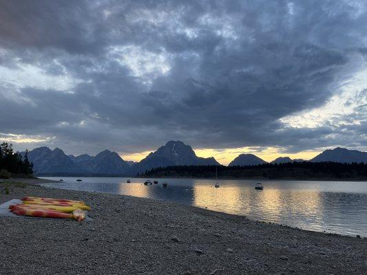 Grand Teton and Jackson Lake view from shoreline of Summit Lake Lodge.