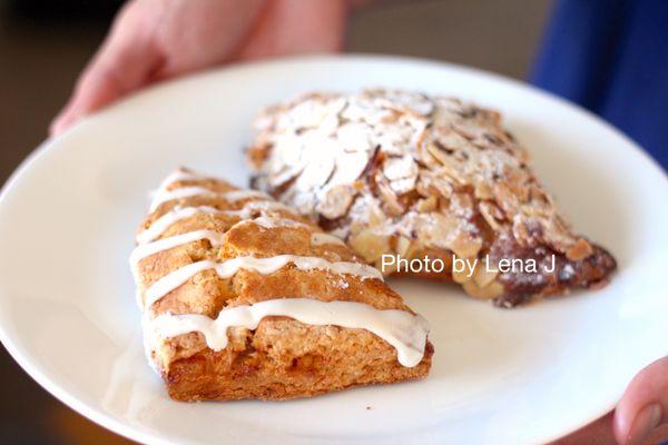 Seasonal Scone ($4, Candied Orange with Vanilla Drizzle), Almond Croissant ($6)