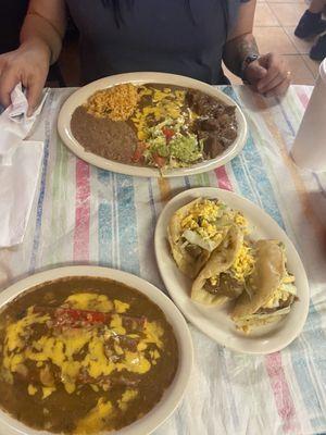 Cheese Enchiladas, Carne Guisada Puffy Tacos and a Carne Guisada w Enchilada plate.