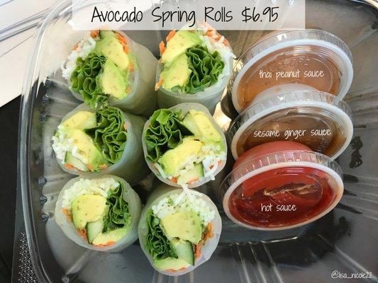 Avocado Spring Rolls $6.95 with THREE sauces: thai peanut, sesame ginger, and hot sauce