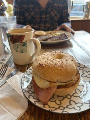 Breakfast, Sunrise Bagel, Hash-browns, sausage Pattie's, vanilla latte, strawberry refresher.