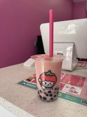 strawberry bubble milk tea with ice cream topping