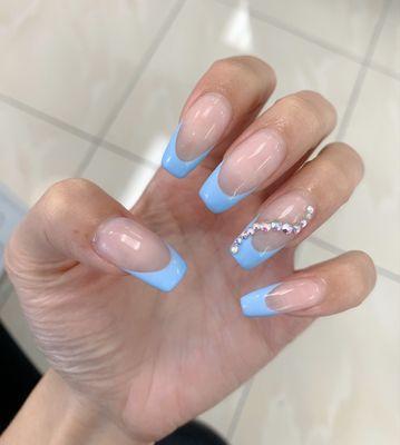 Blue french tips with rhinestones