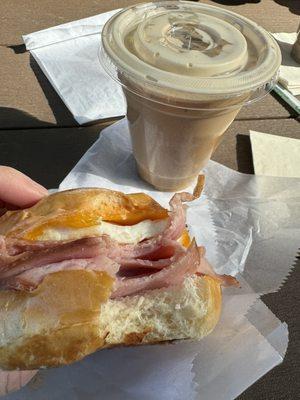 Ham, egg and cheddar on brioche, Vietnamese iced coffee