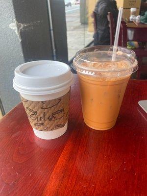 Small hot cider (left), medium thai iced tea (right)