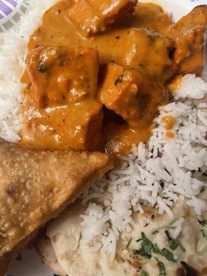 Chicken Tikka Masala, Garlic Naan Bread, Vegetable Samosa,