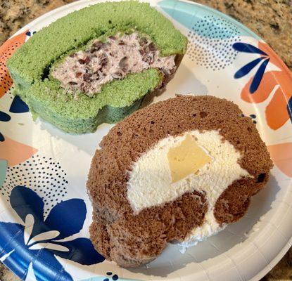 Matcha Roll Cake w/Red Bean Filling- 2.5/5 stars, Chocolate Roll Cake w/Pudding Filling- 3/5 stars