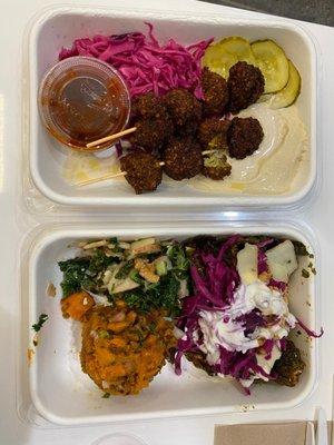 Falafel plate (top) and Brussels sprouts plate (bottom)