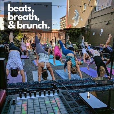 Second Sundays at Lost and Found: Live DJ Yoga class with Mimosa Brunch! Sign up online.