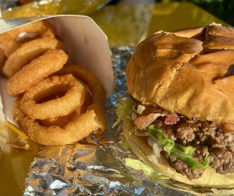 Everything plus bacon burger with onion rings