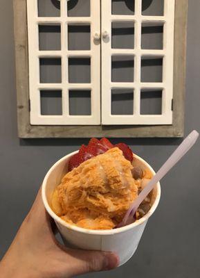 Thai Iced Tea Shaved Ice with Mochi, Strawberry, and Condensed Milk