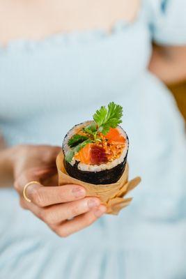 Sushi Burrito | nori, tuna, salmon, cucumber, carrot, avocado, ponzu, sriracha