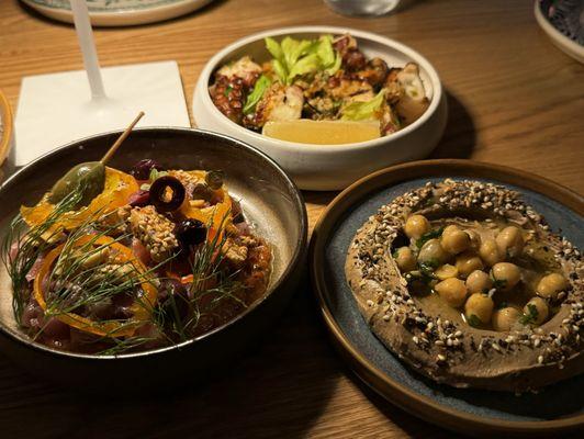 Tuna,  octopus and hummus appetizers.  All excellent.