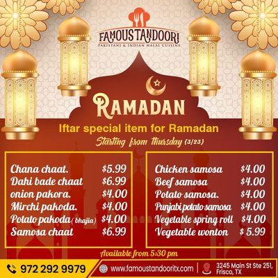 IFTAR Special items for RAMADAN
Starting from Thursday.

For further queries please call us:9722929979
#famoustandoori #iftarspecial