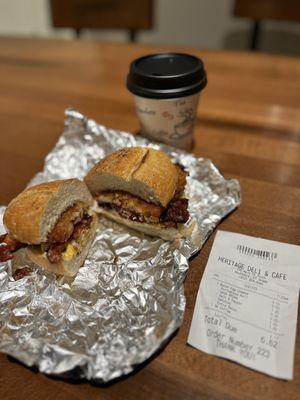 Bacon egg n cheese with double meat and a hash brown topper