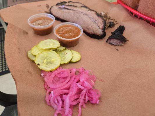 1/2 lb Brisket with a bonus burnt end! Again, dipping sauce is good!