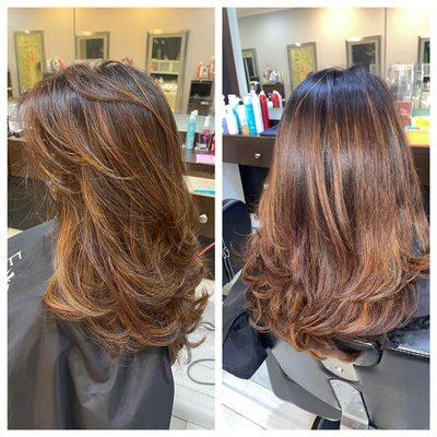 Balayage  color, Toned with chestnut and a little bit of cinnamon.. Haircut and style. #balayage #hairColor #longlayeredHair