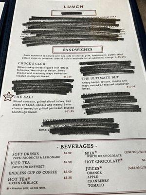 Also redacted lunch menu. These three sandwiches or nothing.