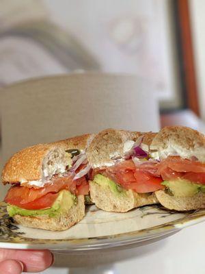 This is the Nova Lox with Avocado on multi grain bagel