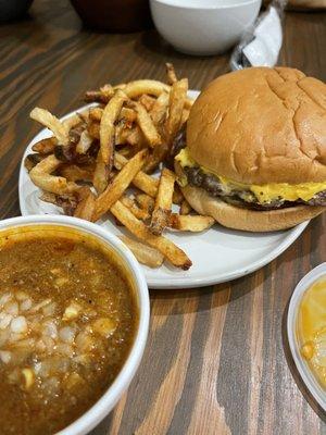 Jumbo Cheeseburger 1/5 lb. Fries and chili.