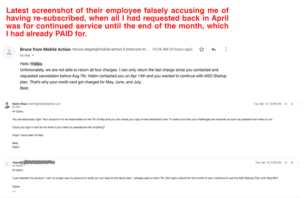 Latest screenshot of their employee falsely accusing me of having re-subscribed