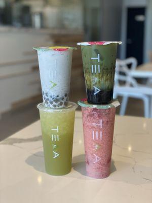 ig: @whatsviveating  |  dark sugar matcha latte, sesame milk tea, original sugar cane juice, and strawberry yakult tea