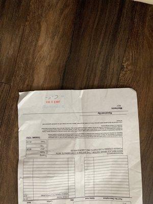 Invoice of the Alleged $1,450 cost to repair and $45.00 diagnose.