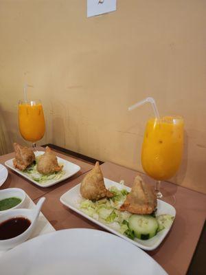 Vegetable Samosas and Mango Lassi