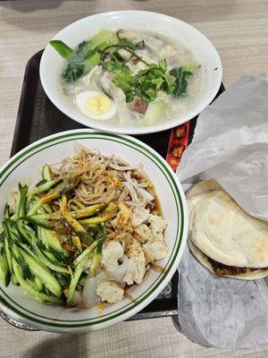 Lamb noodle soup, liangpi, rou jia mo