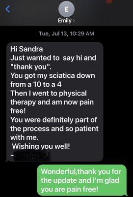 I love it when patient's reach out to give me an update, especially when they are pain free.