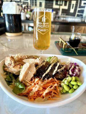 Miso Chicken Mushroom Bowl - Miso marinated kale, baby heirloom tomatoes, shaved red portobello mushrooms, quinoa, spinach, onions, grated