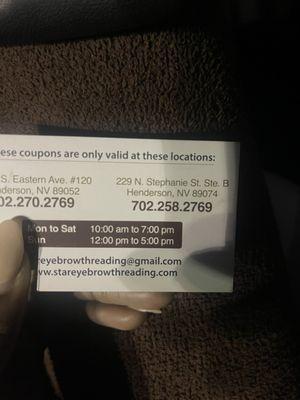 Store hours listed- coupon I received RECENTLY.