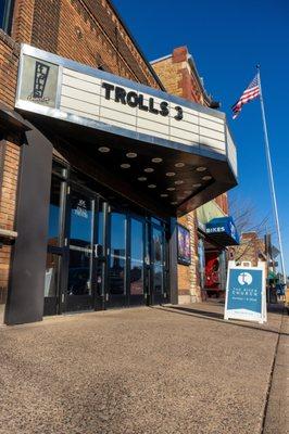 Our sign outside The Falls Theatre showing we're open for worship!