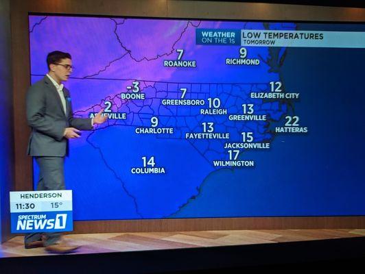 Spectrum News 1 weather forecast (low temperatures) for North Carolina on December 23, 2022 at 11:30 PM ET.