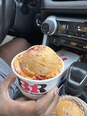 Sweet potato ice cream with cranberry drizzle and cornbread pieces