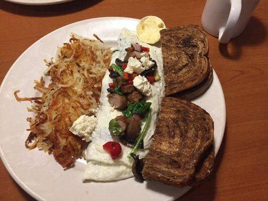 Hearty Harvest Fit Omelette (Egg whites, feta, mushrooms, red peppers, tomatoes, spinach, turkey sausage)