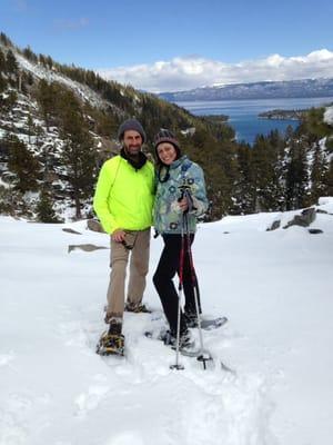 Happily snowshoeing with Black Tie snowshoes at Emerald Bay