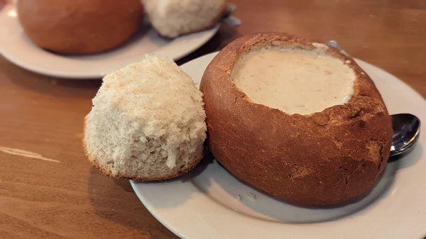 Clam chowder in a bread bowl ($19)