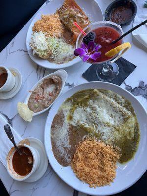 Pictured is their bean dip, green enchilada plate and tamale plate I think! I'm not sure which drink