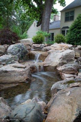 Backyard stream and tiered waterfall