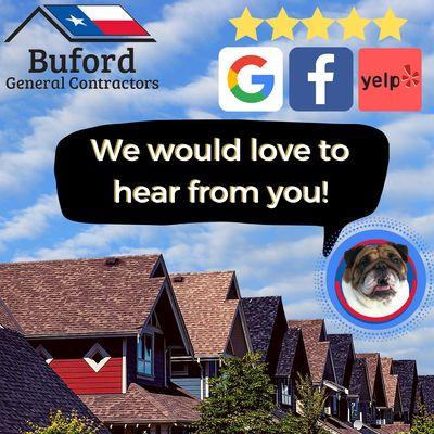 We'd love to hear your feedback on Google, Facebook, or Yelp! Help us help you!