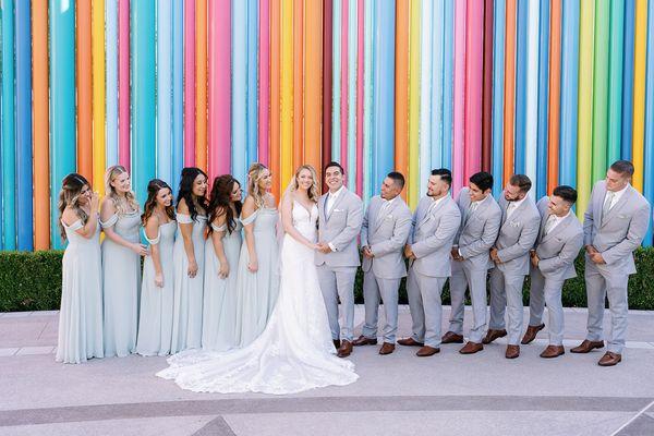 Nicole and Anthony with their wedding party at the Smith's Center in front of my old Art Teacher Tim Bavington's sculpture.