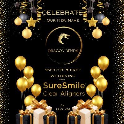 Celebrate our new name! Until the end of the year, we are offering $500 off & a free whitening kit for all Sure Smile Clear Aligners!