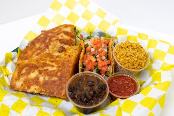 Have it all combo; One large quesadilla, one taco, a side of rice, beans and salsa