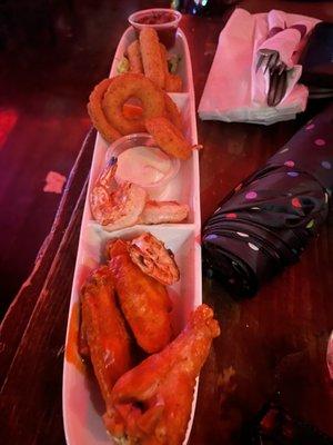 Sampler: wings, shrimp, onion rings, and mozzarella sticks